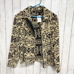 Vintage Allure Jacket Women Large Geometric Printed Collared Full Zip Tan Black